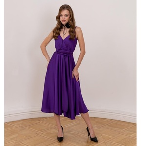 Women <b>Halter</b> Deep V Neck Cutout Waist High Slit Woven Satin Silk A-Line Romantic Stylish Evening Party <b>Dress</b> Elegant Formal Gown - Product Image 1