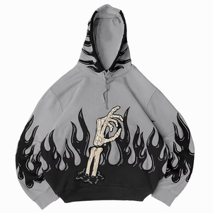 <b>Grey</b> Black Flame Skeleton Hooded <b>Sweatshirt</b> Regular Fit Pullover Hoodie 100% Cotton Winter Heavyweight Custom Streetwear <b>Men</b> - Product Image 5