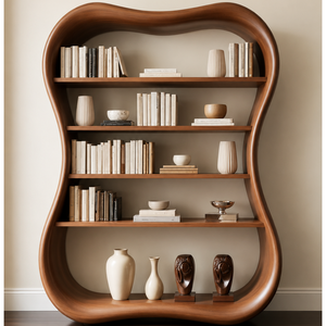 Premium Teak Wood Display Bookshelf with Artistic Curved Frame and Modern <b>Open</b> Storage Design - Product Image 1