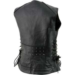 Samroz Sports Women's Classic Black Leather V-Neck <b>Riveted</b> Motorcycle Rider Vest with Side Lace - Product Image 2