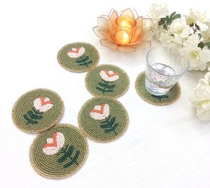 Handmade Round Beaded Coaster Flower Embroidery Drink Mat Cotton <b>Table</b> Decor - Product Image 2