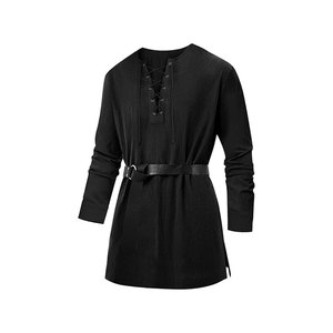 <b>Men's</b> Long Sleeve Black <b>Woven</b> Shirt With Lace-Up Front And <b>Belted</b> Waist Regular Fit Casual O-Neck Design - Product Image 1