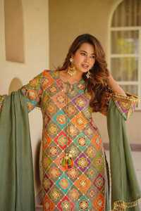 <b>Womens</b> Green Chinon Silk Sharara <b>Suit</b> Set With Aari Mirror Work Digital Print Pearl Dupatta Fully Stitched Festive <b>Wedding</b> - Product Image 4