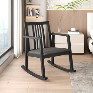 Poltrona da Interno in Legno Massello di Gomma con Capacità di Carico di 180 kg, Cuscino in Lino Nero, Sedia Relax - Product Image 3