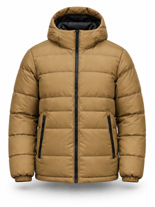 <b>Men's</b> <b>Khaki</b> Hooded Puffer Jacket Front Logo Waterproof Windproof Casual Zipper Polyester Wadding Regular Length Winter Coat - Product Image 1