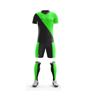 Ensemble de maillot de football pour hommes, vert et noir, avec blocs de couleur, maillot sublimé et short, évacuation de l'humidité, coupe athlétique, manches courtes - Product Image 2