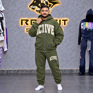 ชุดวอร์ม Rexfit Sports Applique แบบมีซิปเต็มตัวสำหรับผู้ชาย ประดับด้วยคริสตัล  ผ้าฟลีซหนานุ่ม กางเกงจ็อกเกอร์แบบมีขอบยางยืด  ชุดฤดูหนาวพร้อมป้ายแบรนด์ - Product Image 3