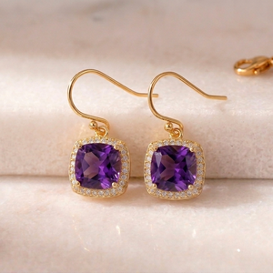 Blue Amethyst Cushion Cut CZ Earrings 10MM – 925 <b>Sterling</b> <b>Silver</b> 18K Gold Plated Classic Jewelry - Product Image 1