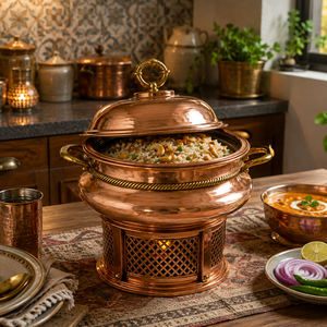 Luxury Pure Copper Round Chafing Dish with Brass Handles & Lid, <b>Buffet</b> Food Warmer, Hotel Catering <b>Server</b>, Restaurant Chafer - Product Image 4