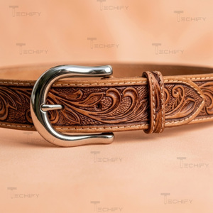 Ceinture de cowboy western en cuir façonnée à la main avec un motif floral en relief et une boucle en argent - Product Image 4