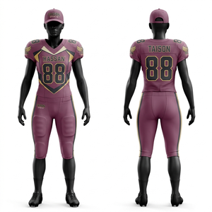 Uniforme de football américain pour femmes, tissu polyester spandex premium 280 GSM, design latéral bleu-vert et or, logo personnalisé en twill. - Product Image 3