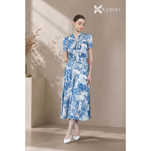 Vestido Maxi de Satén Azul Floral Elegante de Alta Calidad para Mujer, Manga Corta, Estampado Vintage, Vestido Transpirable Natural para Uso Diario - Product Image 1