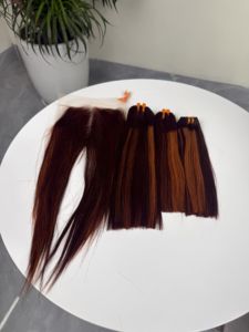 Perruque Lace Closure 4x4 pouces en cheveux humains vierges vietnamiens, lisses, avec mèches rouge orangé foncé, dentelle HD, vente en gros - Product Image 3