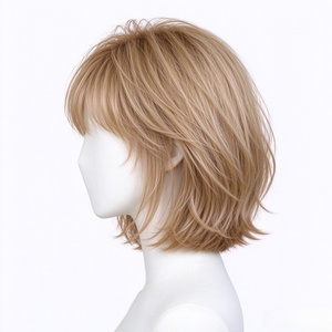 Peluca de Cabello Humano con Flequillo Fino, Estilo Bob Deshilachado en Capas con Reflejos Rubio Claro - Product Image 2