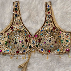 Haut court de mariée doré en satin tissé 100% soie, col cœur, pour sari, printemps/été/hiver, minimaliste, anti-plis - Product Image 1