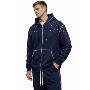 เสื้อฮู้ดซิปเต็มตัวประดับเพชร ผ้าฝ้ายฟลีซ GSM สูง สตรีทแวร์ รับทำแบรนด์สินค้า ป้ายกำกับส่วนตัว MOQ ต่ำ จัดหาสินค้าจำนวนมาก - Product Image 4