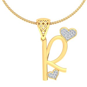 Yellow Gold Diamond Letter R Pendant With Heart Cut Diamonds For Women's Everyday Wear - Product Image 3