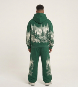 Ensemble sweat-shirt et pantalon de survêtement vert pour homme, imprimé forêt, deux pièces, tenue décontractée d'automne - Product Image 1
