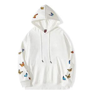 <b>White</b> Oversized Hooded <b>Sweatshirt</b> With Colorful Butterfly Embroidery Unisex Casual Spring Knitted Cotton Hoodie - Product Image 1