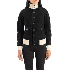 Women Black Genuine Suede <b>Leather</b> <b>Jacket</b> High Neck Button Up Slim Fit Casual Winter Bomber Coat Ribbed Knit Trim Outerwear - Product Image 1