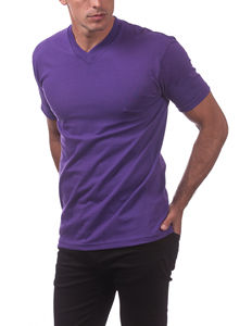 T-shirt pour homme à manches courtes et col en V en coton biologique, couleur violette, prix de gros avec logo personnalisé - Product Image 3