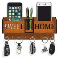 Porte-clés en bois artisanal avec étagère |   Porte-clés mural poli pour entrée avec porte-lettres et crochets pour la maison