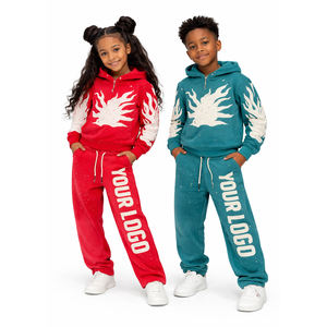 Ensemble de survêtement à capuche pour enfants, motif flamme, bleu marine et orange, 2 pièces, sweat-shirt à capuche et pantalon de jogging, tenue personnalisable avec logo, ensembles streetwear - Product Image 5