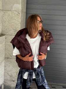 Gilet matelassé en peau de mouton pour femme, veste sans manches en jean avec col à capuche, fermeture éclair, couleur unie - Product Image 2