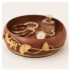 Cuenco de madera maciza tallado a mano con elegantes detalles de hoja de ginkgo en latón dorado, vajilla ecológica para decoración de hogar de lujo. - Product Image 2