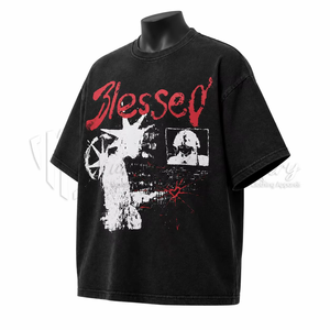 Blessed Print Men's T-Shirt O-Neck Short Sleeve Regular Fit Streetwear 100% Cotton Jersey Washed Front <b>Logo</b> Black 240g - Product Image 2