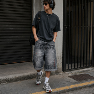 Legacy Newspaper Print Y2K Denim Jorts Washed Grey Streetwear Shorts Men Low MOQ Wholesale Supplier - Product Image 5