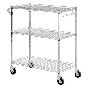 Carrello Utilitario Commerciale a 3 Ripiani in Acciaio con Griglia Metallica Resistente e Ruote per Lavori in Cucina - Product Image 1