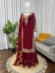 Ensemble Salwar Kameez en Faux Georgette Brodé Bourgogne avec Dupatta, Tenue de Fête et de Mariage pour Femmes, Inde, Pakistan - Product Image 1