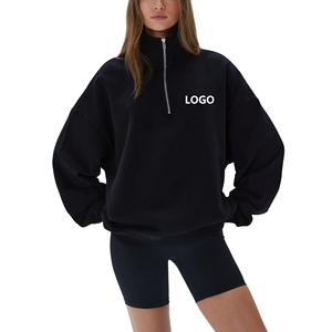 <b>Women's</b> Oversized <b>Quarter</b> <b>Zip</b> Sweatshirt Solid Color Drop-Shoulder Stand Collar Cotton Knitted Breathable Front Logo Autumn Wear - Product Image 2