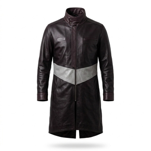 Manteau en cuir véritable gris prune pour homme, avec ceinture chevron personnalisée, col montant, fermeture éclair centrale, style trench, fabricant B2B - Product Image 1