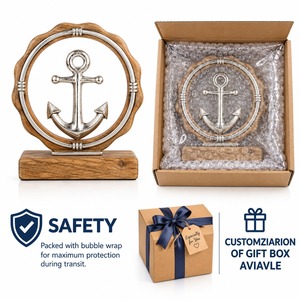 Handmade Silver Anchor Metal Statue Wooden Base Nautical <b>Ship</b> <b>Wheel</b> Figurine Tabletop Home Office Decoration Sculpture - Product Image 5