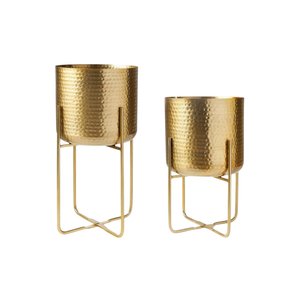Juego de 2 macetas modernas de metal dorado martillado con soportes de hierro, macetas decorativas para interiores y exteriores, recipientes redondos para plantas - Product Image 1