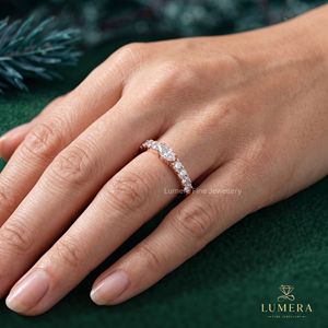 Bague de fiançailles et de mariage demi-éternité en or rose plaqué, diamant de laboratoire taille marquise, certifié IGI, 0,1 carat, 9K-18K pour femme - Product Image 6