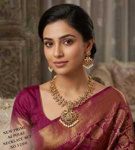 Luxury <b>Ruby</b> Emerald AD Polki <b>Necklace</b> Set with Pear Cut Floral Pendant Gold Finish Wedding Party Jewelry for Women Set - Product Image 2