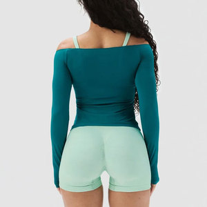 off Shoulder Thumb Hole Cuff Women's <b>Compression</b> Body Fit Four Way Stretch Knitted Quick Dry Yoga Top Shirt Fitness - Product Image 2