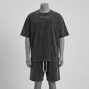 Reddito Men's Washed Cotton Two-Piece <b>Set</b> Casual Short Sleeve T-Shirt Shorts Autumn <b>Knitted</b> Print Front Logo High Street Style - Product Image 1