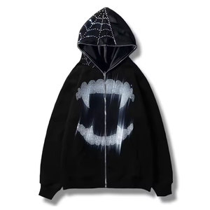 Sudadera con capucha y cremallera extragrande, ecológica y personalizada, estilo grunge, informal, 100% algodón, con gráficos de telaraña de araña y dientes con pedrería, para hombre y mujer - Product Image 1