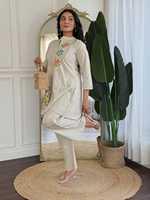 Ensemble coordonné en coton crème brodé de fleurs pour femmes, avec pantalon assorti, vêtements ethniques traditionnels, style Inde Pakistan, décontracté