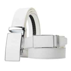 Cinturón Formal de Cuero Genuino Blanco con Hebilla Rectangular Plateada, Cierre Automático de Piel de Vaca Sólida - Product Image 1