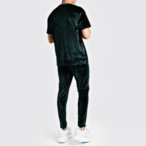 Unisex Green Velour Tracksuit <b>Set</b> Crew Neck Short Sleeve Drawstring Pants <b>Embroidery</b> Logo Casual Autumn Wear - Product Image 4