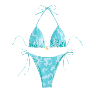 Ensemble bikini imprimé taille haute pour femme, haut à nouer sur le devant avec logo, bas en spandex et polyester, coupe régulière, deux pièces - Product Image 1