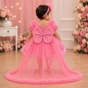 Robe de princesse rose pour femme adulte, corsage perlé, jupe en tulle superposée, manches bouffantes, nœud papillon surdimensionné, longue traîne, pour anniversaire - Product Image 4
