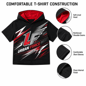 Conjunto de Camiseta con Capucha y Pantalones Cortos Urban Force, Estampado Digital Negro y Rojo, Atuendo Deportivo de Verano para Niños - Product Image 3