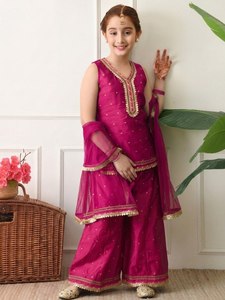 Trending Launching New Designer Girls Children Wedding Diwali Party Wear Silk Top Kurta Set Embroidery Wrinkle-Free Stretchable - Product Image 4