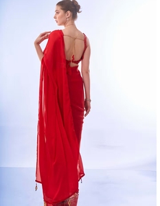 KV <b>Red</b> Solid Pre-Draped Bollywood Style Saree With Unstitched <b>Blouse</b> - Product Image 2